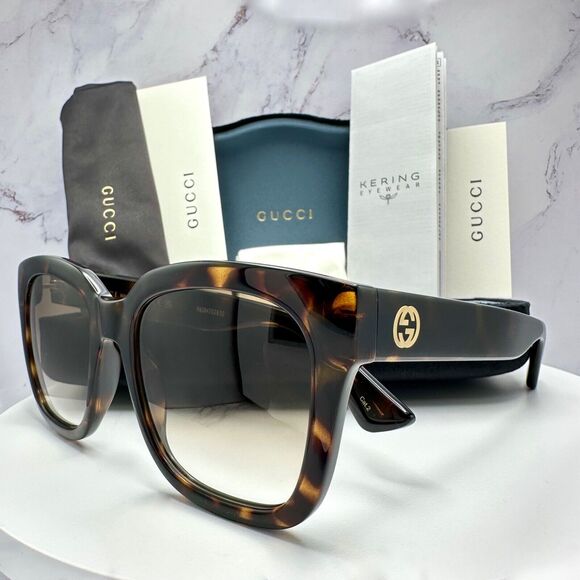 New Gucci Sunglasses Brown Tortoise Shell Square Gold GG Logo 54mm - Picture 12 of 16